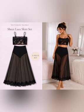 Victoria’s Secret Black Sheer Lace Skirt Set 2PC Lingerie S NWT